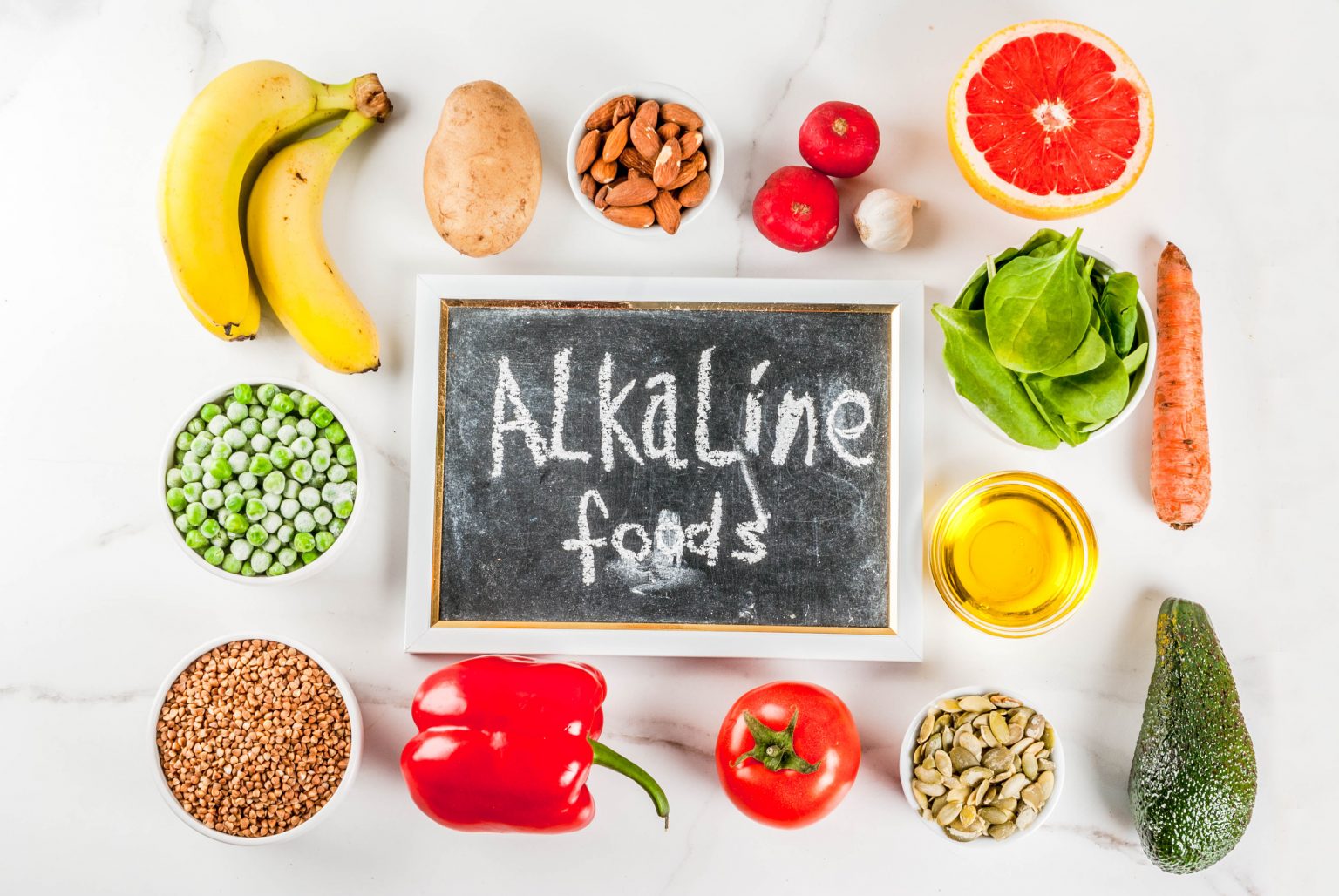 Healthy food background, trendy Alkaline diet products – fruits